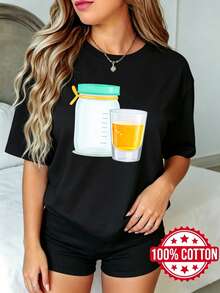 Women's Casual Summer Black Short-Sleeved T-Shirt With Round Neck And Print. Juice Jug And Glass Design, Sizes S-3XL. Fashionable, 100% Cotton, Breathable Material. - 黑色 - 查看 1