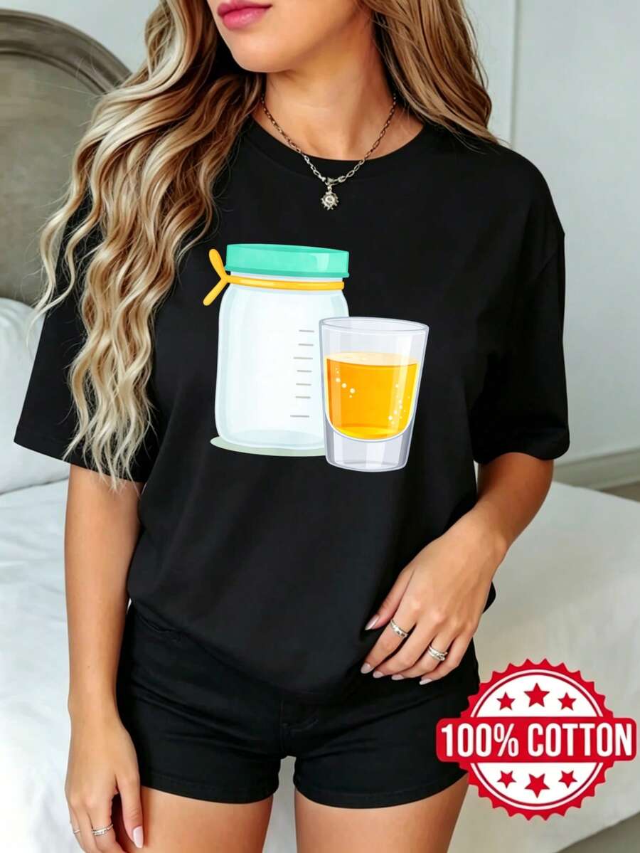 Women's Casual Summer Black Short-Sleeved T-Shirt With Round Neck And Print. Juice Jug And Glass Design, Sizes S-3XL. Fashionable, 100% Cotton, Breathable Material. - 黑色 - 查看 1