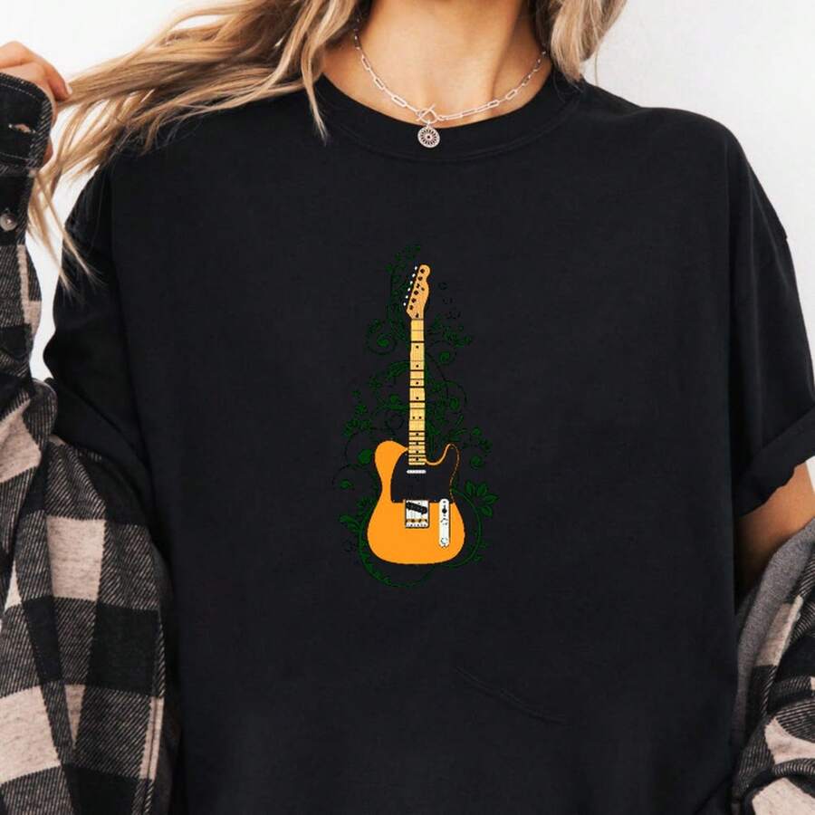 Butterscotch TStyle Electric Guitar Flowering Vines T-Shirt 220g. AL1Godn Men's Foundation, 220g Of Pure Comfort. Created For Every Human Being, Whether Woman Or Man. Consistent, High-Quality Fabric, Ready For Any Size, Soft To The Touch But Designed To Hold Up. Breathable Outerwear For Women, Autumn Sets, Holiday Outfits, New Year's Costumes For Her. - 黑色 - 查看 1