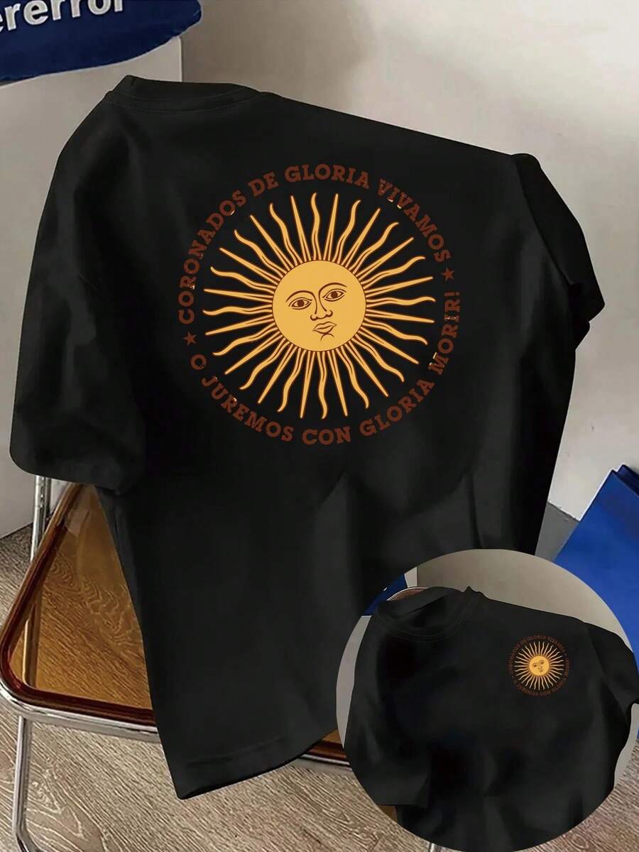 Camiseta de manga corta con estampado frontal y trasero - Estampado de moda con el escudo nacional argentino "Rey del Sol" - Camiseta de mujer con estampado de moda para primavera/verano, artículo de moda - Tela suave y ligera - Ligera - Negro - Ver 1