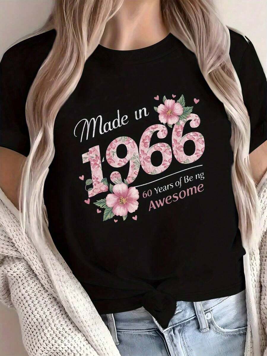 Summer1 pieza Talla Grande - Celebrando un 60º Cumpleaños, una Edición Limitada de 1966, 60 Años de Ser Impresionante, Camiseta de Primavera y Verano de Cuello Redondo para Mujeres de Talla Grande con un Estampado Gráfico Confiado g 100% Algodón SuaveFashion All-match Women's Short Sleeve T-shirt, Basic Style for Inner & Outer Wear - Negro - Ver 1
