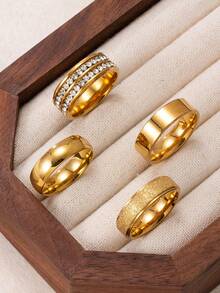 4pcs Elegant Stainless Steel Gold Rings With Zirconia, Polished & Matte Finish, Unisex Rings, Party Accessories - Gold - View 8
