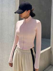 Chaqueta deportiva ajustada con cremallera delantera, nueva para otoño para mujer - Rosa - Ver 3