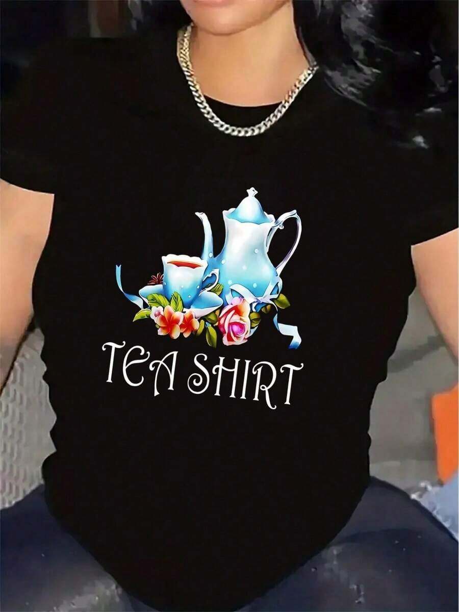 Short-Sleeved T-Shirt For Tea Lovers, Made Of Lightweight And Durable Polyester Fabric, Suitable For The Kitchen Or Living Room. Features A Teapot And Teacup Pattern Design And Is Comfortable For Everyday Wear. Round Neck, Breathable, Soft, Sporty, Women's T-Shirt, Machine Washable, Fitted, Retro, Pure Cotton, Athletic, Short Sleeve, Casual - 黑色 - 查看 1