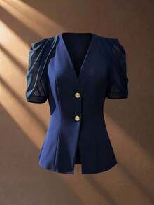 Blazer elegante y romántico para mujer con cuello en V, plisado y cintura ceñida - Azul marino - Ver 8