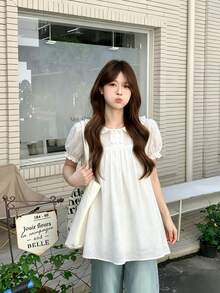Áo blouse tay ngắn cổ Peter Pan ngọt ngào thêu rỗng, màu trắng mùa hè - trắng - Xem 6