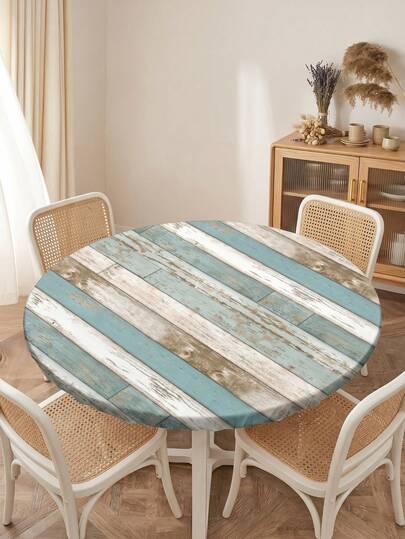 1pc Vintage Wood Grain Farmhouse Style Printed Tablecloth, Made Of Modern Polyester Fiber Material, Elastic Fit For Round Tables, Digital Printing Design, Suitable For Living Room, Outdoor Dining, Weddings, Gatherings, Parties, Cafes And Small Round Tables