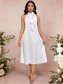 Lady Vestido de longitud media naranja con decoración de volantes florales tridimensionales en el cuello.Elegante y holgado para damas.Ideal para vacaciones de primavera y verano.Estilo bohemio. - Blanco - Ver 6