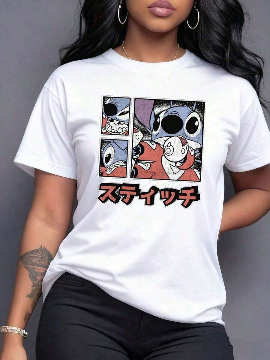 Colorful Figure Showing A Blue Character Expressing Joy, Surprise And Humor In Comic-Style Panels With Japanese Text. Women's Casual Modern Short-Sleeved T-Shirt, Comfortable And Original. - 白色 - View 1