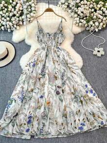 Women's Floral Midi Dress, Halter Neck With Bow And Ruffles, Romantic Style For Spring-Summer - Pastel Green - View 2