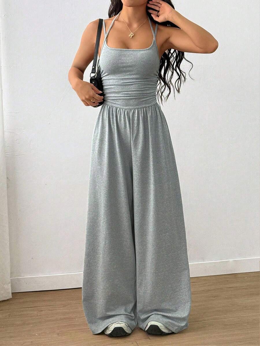 Tuta intera arricciata con scollo all'americana e gamba larga, tuta nera casual senza maniche per donna, abbigliamento estivo basic da strada. - Grigio Chiaro - Visualizzare 1