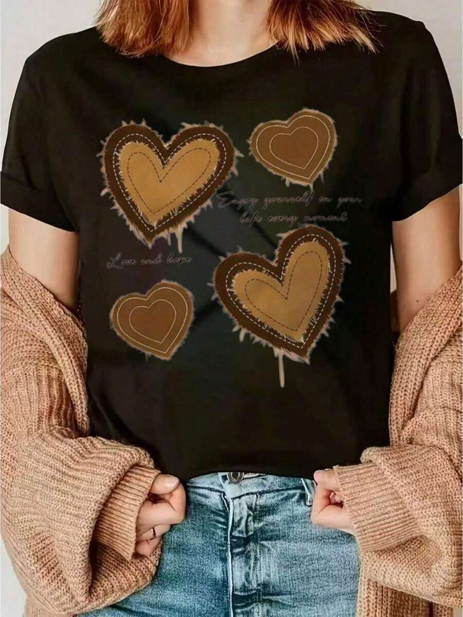 Camisa casual versátil de manga corta, blanca, con estampado de corazones, cuello redondo, textura suave, flecos, cálida, acogedora, estilo divertido y afectuoso, para entusiastas del amor y la vida, transpirable y cómoda. - Negro - Ver 1