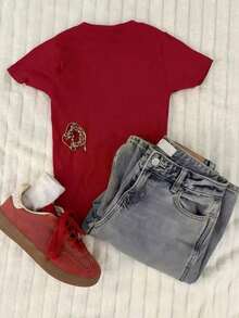 Camiseta de manga corta ajustada con estampado digital para mujer - Rojo 2 - Ver 2
