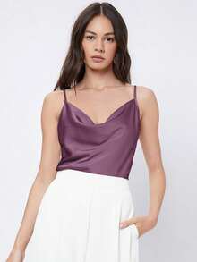 Top de satén sin mangas para mujer, elegante y romántica de unicolor, para uso casual y de negocios, adecuada para oficina, diario, otoño - Púrpura malva - Ver 7