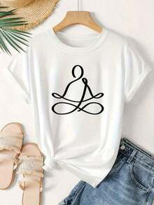 Fashion Printed T‑Shirts for Women, Oversized Streetwear Tops, Comfortable and Stylish All‑Match Summer Tees1 pieza de camiseta gráfica para mujer, regalo de San Valentín, camiseta de verano con estampado gráfico, diseño de postura de yoga y meditación, camiseta de mujer, estampado de personaje en línea simple, camiseta deportiva de manga corta para verano y otoño, moderna, elegante, vintage, holgada, adelgazante, versátil, ropa de mujer para vacaciones, nueva camiseta elegante - algodón, ligera, transpirable, estilo casual, cuello redondo, manga corta, para uso diario. - Blanco - Ver 2