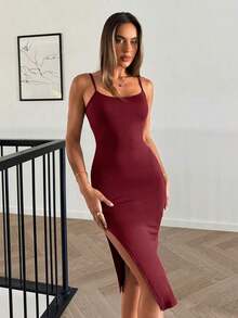 Vestido Ajustado De Tirantes Con Dobladillo Dividido En Color Liso - Burdeos - Ver 3