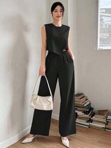 Set de 2 piezas de camisa y pantalones de pierna ancha de unicolor para mujer, conjuntos de ropa de descanso para mujer - Negro - Ver 1