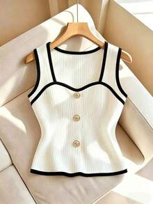 Camiseta de tirantes casual de verano para mujer con decoración de metal - Blanco y Negro - Ver 1