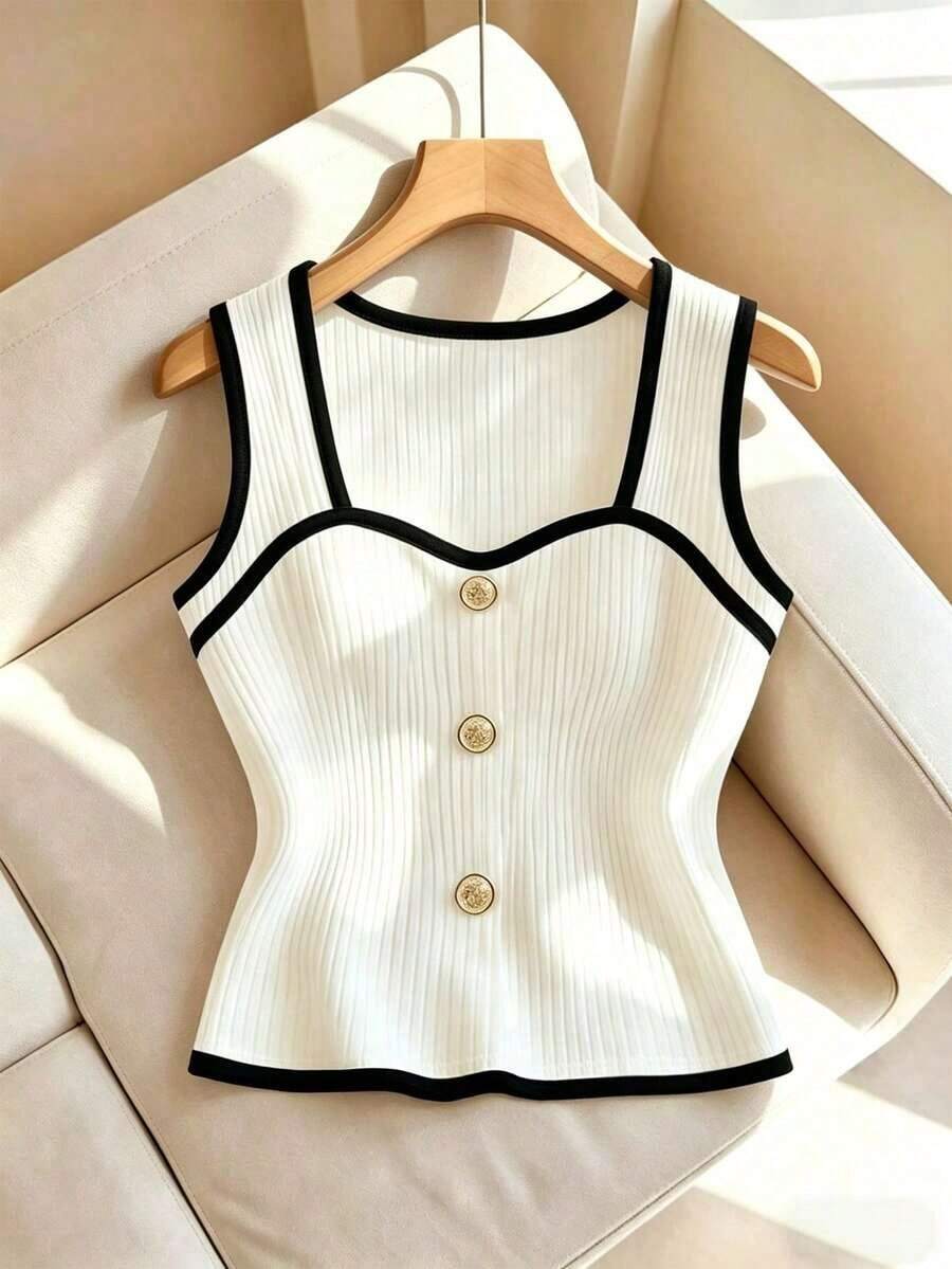 Camiseta de tirantes casual de verano para mujer con decoración de metal - Blanco y Negro - Ver 1