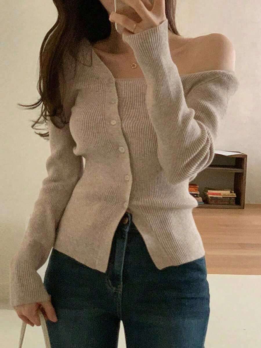 Blusa casual de mujer de punto acanalado con botones y manga corta - Marrón Mocha 2 - Ver 1