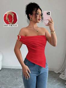 Blusa de verano para mujer con hombros decorados con botones y bajo asimétrico elegante - Rojo - Ver 7