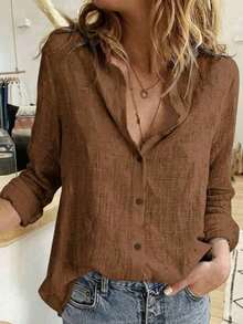 Camisa abotonada de color sólido, blusa elegante de manga larga con estampado floral y cuello, primavera - Marrón - Ver 4