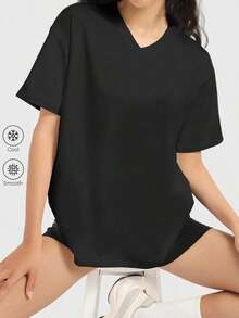 Camiseta holgada para mujer de manga corta y cuello redondo, camisa casual estilo Y2K, básica para deportes de verano - Negro 2 - Ver 1