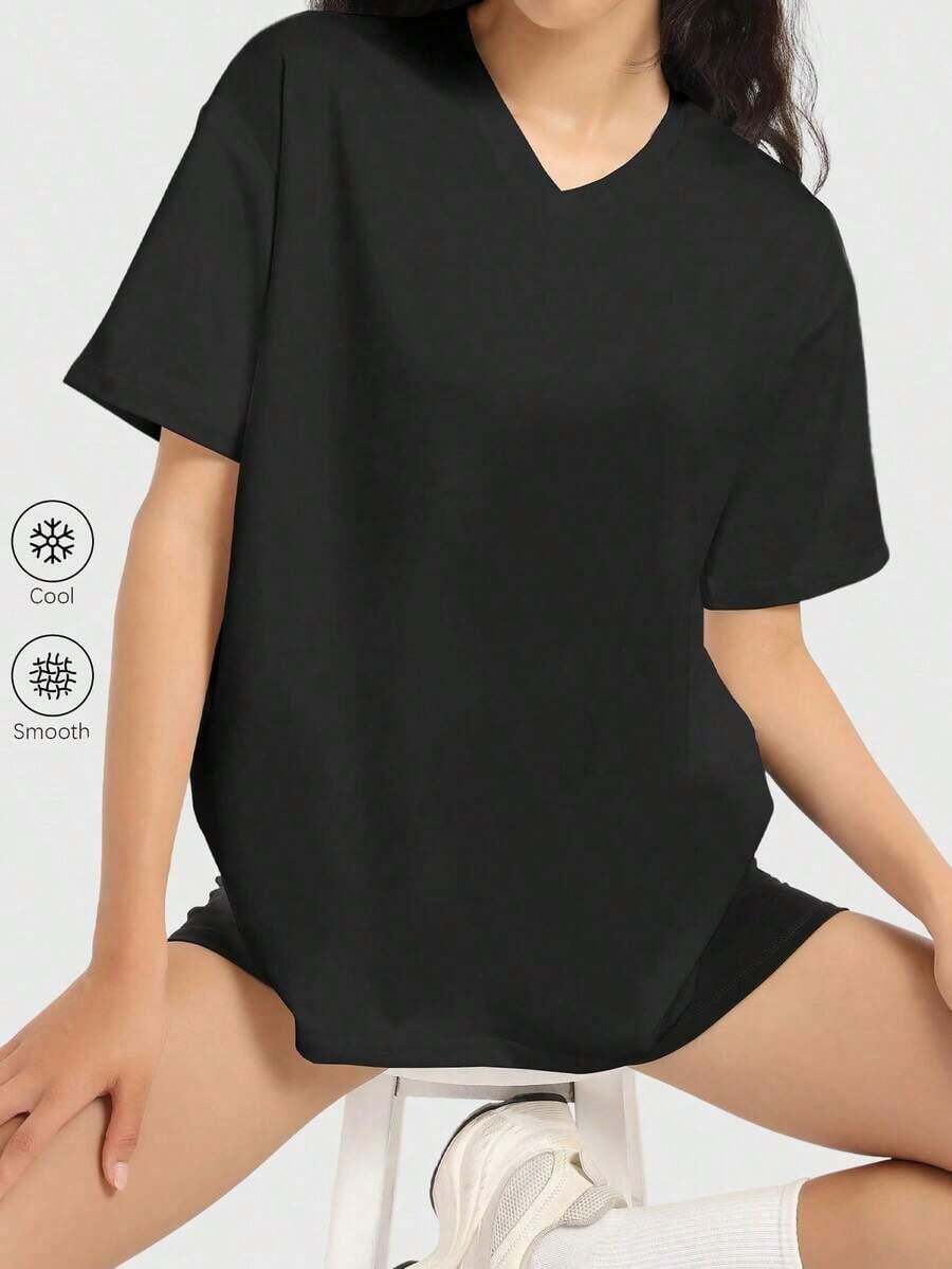 Camiseta holgada para mujer de manga corta y cuello redondo, camisa casual estilo Y2K, básica para deportes de verano - Negro 2 - Ver 1