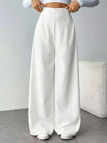 Pantalones anchos de cintura alta con textura, de moda minimalista y casual, ideales para volver al colegio - Blanco - Ver 1