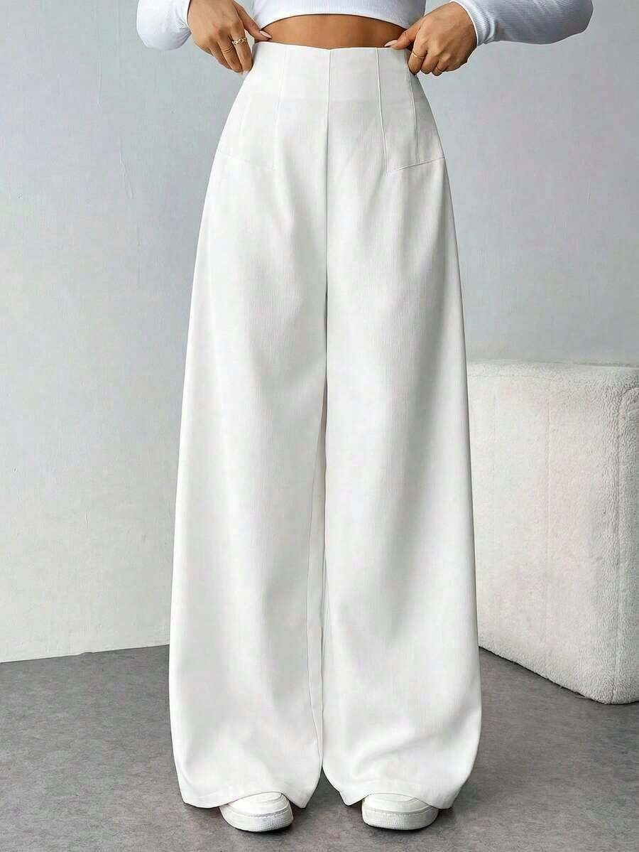 Pantalones anchos de cintura alta con textura, de moda minimalista y casual, ideales para volver al colegio - Blanco - Ver 1