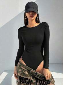 Mono de mujer de verano de manga corta, unicolor, con espalda descubierta y envolvente, camiseta informal tipo body Y2K para mujer - Negro 2 - Ver 2