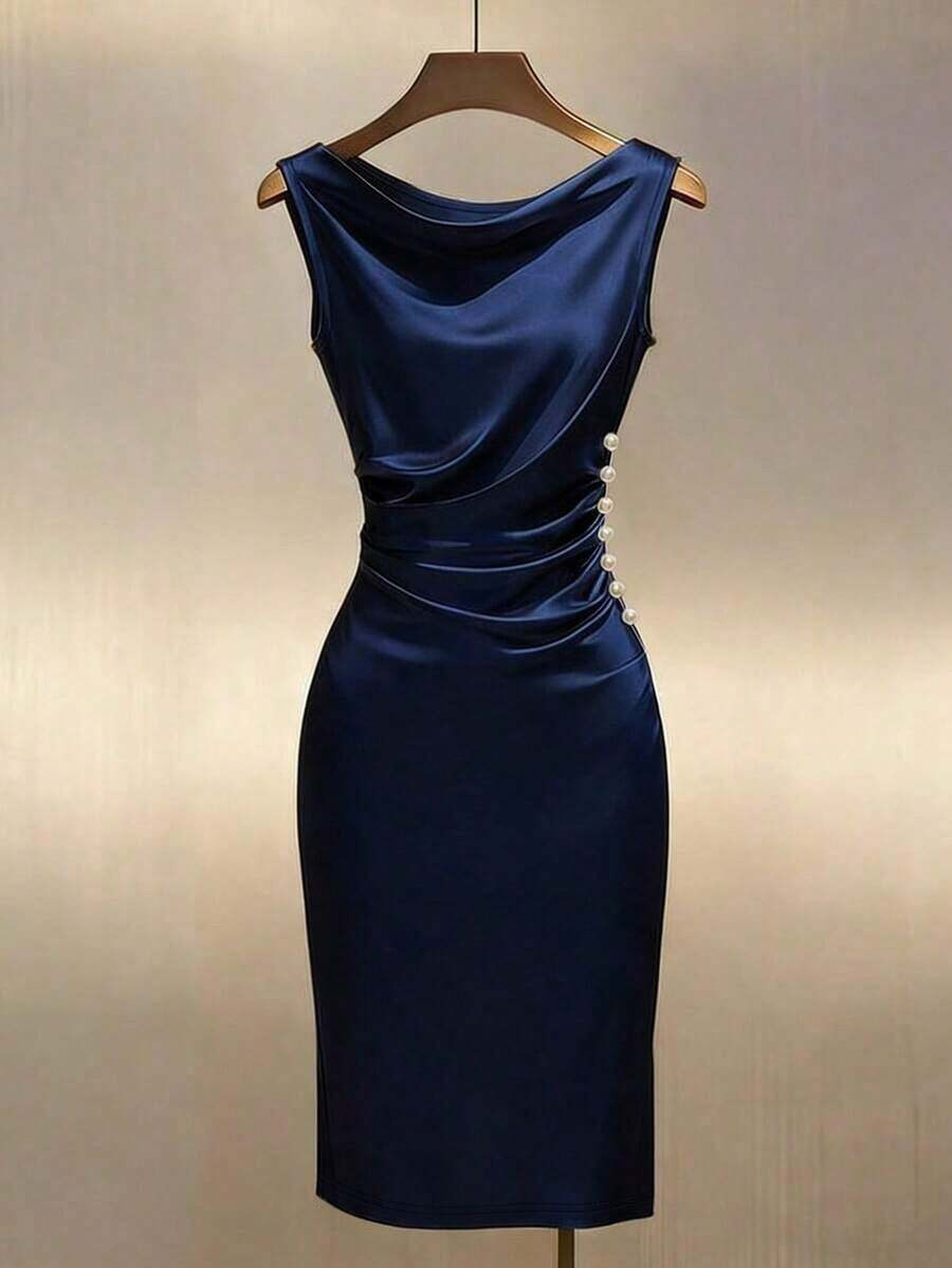 Vestido ajustado sin mangas con cuello drapeado de satén color dorado champán - Azul marino - Ver 1