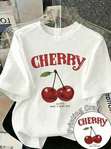 [Entrega Local]Playera Para Mujer Camiseta Casual de Mujer con Cuello Redondo y Manga Corta, Estampado de Cerezas y Texto 'Happy Have A Nice Day', Corte Regular, de Poliéster con Ligera Elasticidad - Blanco - Ver 2