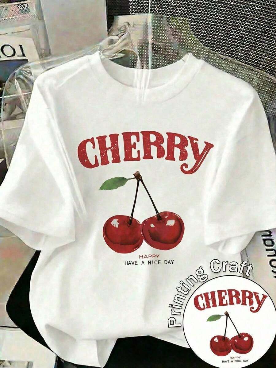 [Entrega Local]Playera Para Mujer Camiseta Casual de Mujer con Cuello Redondo y Manga Corta, Estampado de Cerezas y Texto 'Happy Have A Nice Day', Corte Regular, de Poliéster con Ligera Elasticidad