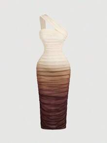 Vestido de malla de longitud media con un hombro, fruncido y efecto ombré - Multicolor 2 - Ver 5