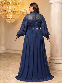 Đầm dạ hội nữ SUPGIR cổ đứng tay phồng đính sequin và vải chiffon. - Màu xanh hải quân - Xem 3