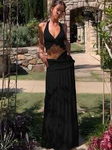 Two-Piece Set: Sleeveless Top With V-Neck And  Halter Neck And Long Ruffled Skirt - 黑色 - 查看 2