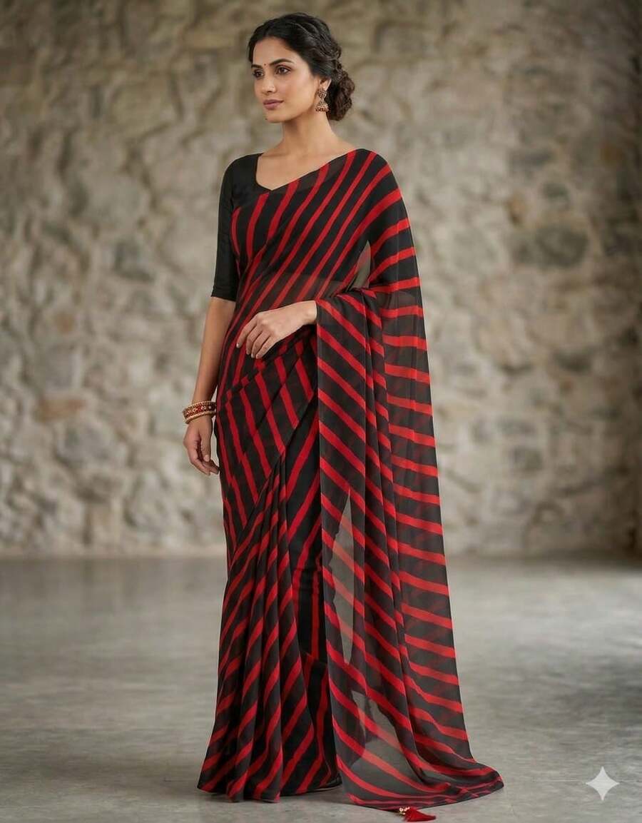 Estationeryhouse Chiffon Printed Saree With Single Stripe, Blosue Not Included - Black/Red - View 1