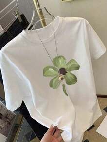 Camiseta de Mujer con Estampado Estándar, Blanca, 100% Algodón, Ropa de Verano, Camiseta Casual de Algodón Puro - Blanco - Ver 8