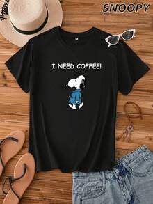 I Need Coffee Snoopy 睡衣 夏季歐美風 簡約圓領短袖 - 黑色 - 查看 1