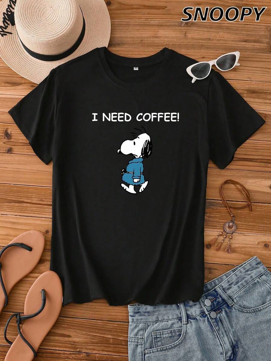I Need Coffee Snoopy 睡衣 夏季歐美風 簡約圓領短袖 - 黑色 - 查看 1