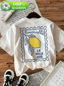 Camiseta de mujer con estampado de limón italiano - Diseño de sello vintage LA DOLCE VITA - Camiseta de verano de manga corta con cuello redondo y suave - Camisa blanca con detalles en azul marino - Atuendo casual diario, moda de primavera, estilo retro, tela transpirable, diseño a la moda - Blanco - Ver 1