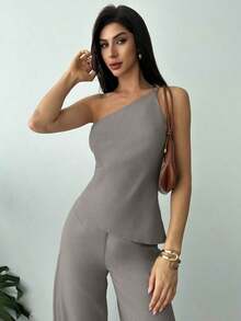 Nuevo conjunto de primavera/verano, elegante atuendo de vacaciones, blusa de lino asimétrico con cintura fruncida y espalda descubierta en color albaricoque y pantalones largos de cintura alta de 2 piezas de traje de lino - Gris - Ver 7