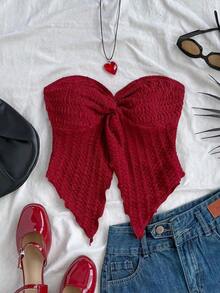 Top cómodo de gasa con abertura frontal, textura de tela, sin tirantes, ideal para uso casual y romántico en vacaciones, para tomar el té por la tarde dentro o fuera, de vuelta a la escuela - Rojo - Ver 5