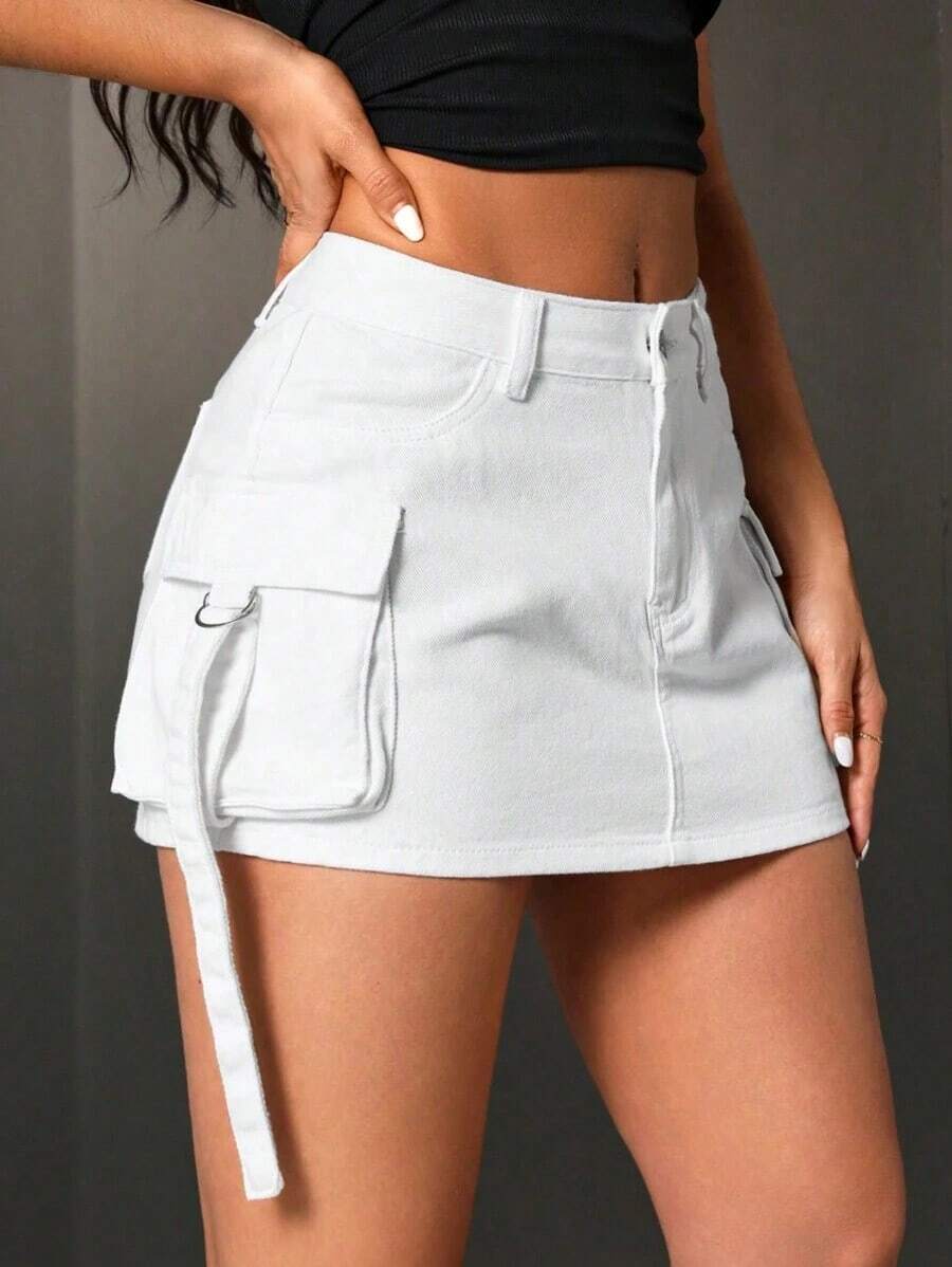 Falda de mezclilla de unicolor de moda para mujer - Blanco - Ver 1