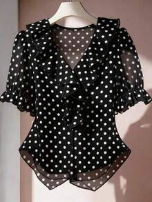 Blusa casual con cuello en V, mangas con volantes y pétalos - Multicolor - Ver 1