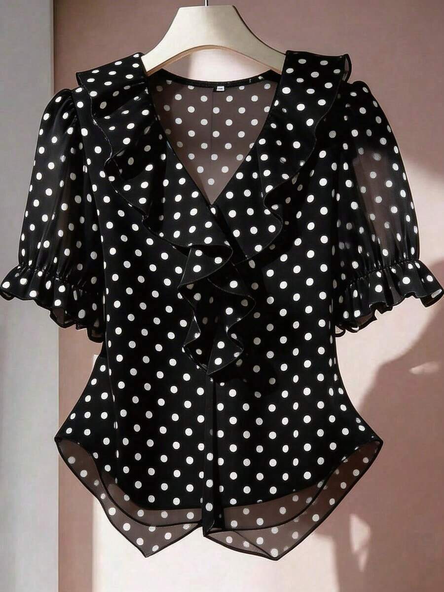 Blusa casual con cuello en V, mangas con volantes y pétalos - Multicolor - Ver 1