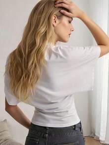 Camiseta blanca casual de mujer de cuello redondo y manga corta, holgada - Blanco 2 - Ver 3