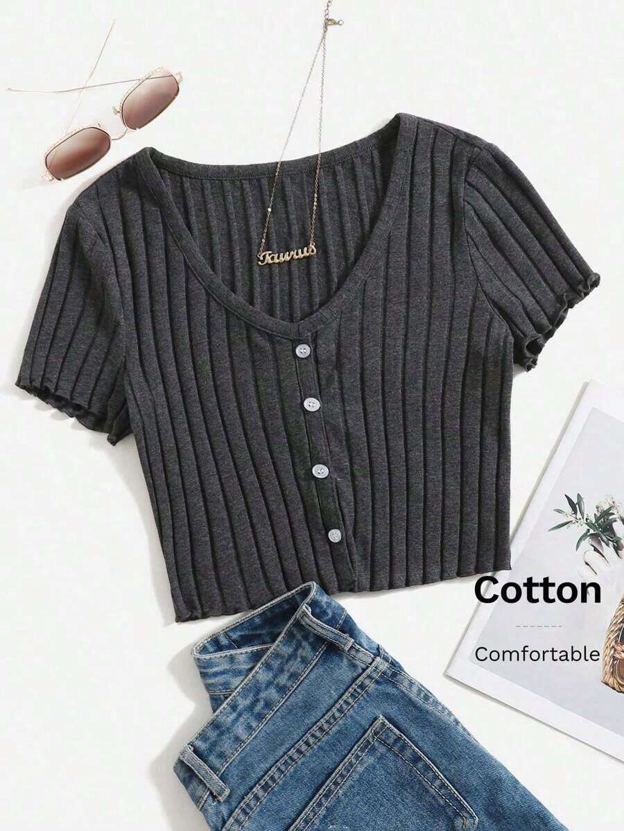 Top tejido de canalé con botón delantero de borde en forma de lechuga - Gris Oscuro - Ver 1