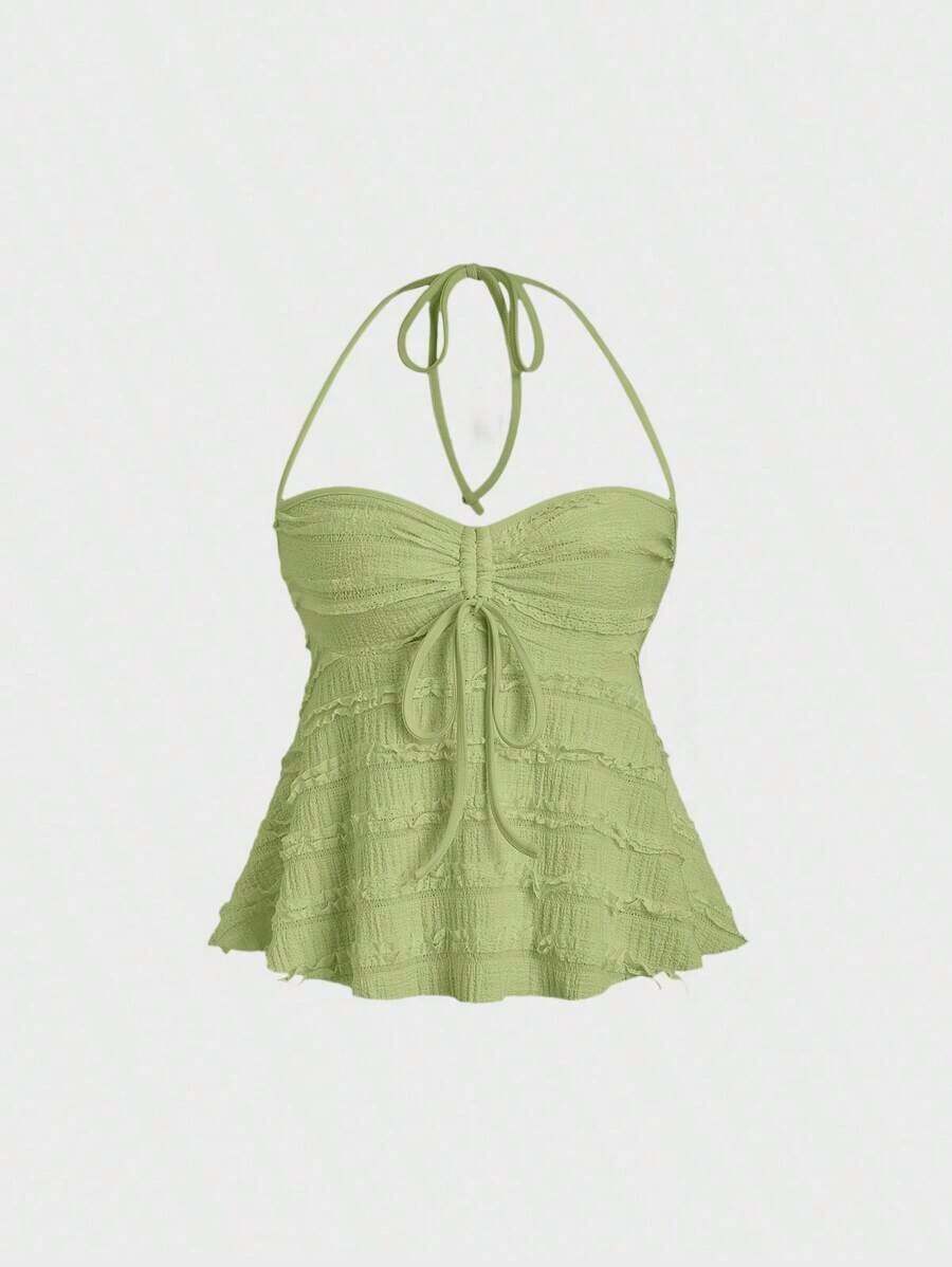 Top de tirantes con cuello halter y pliegues en Y2K - Verde - Ver 1